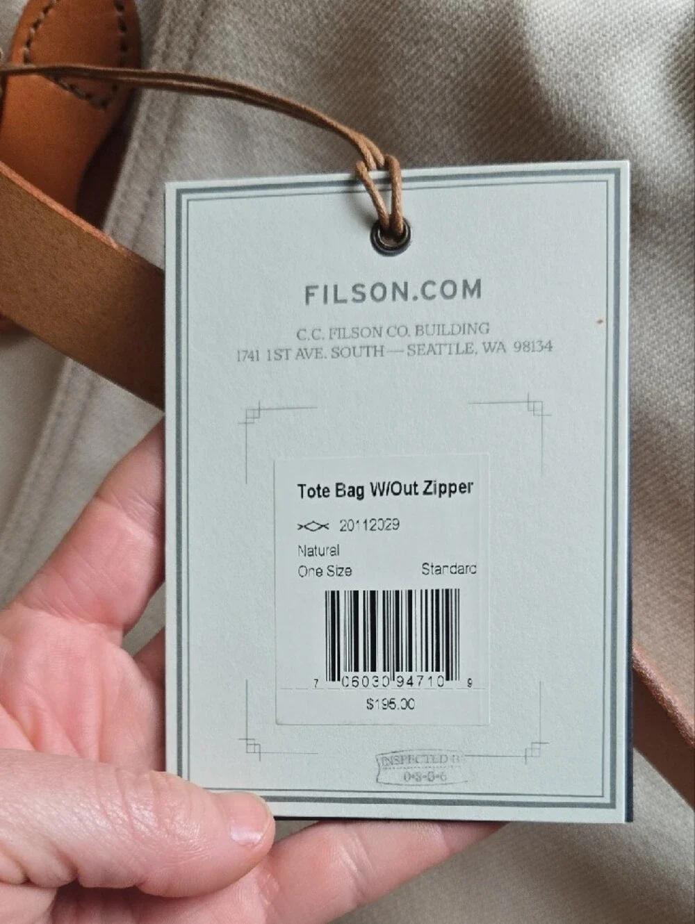 NWT Filson Cream Canvas Tote with Tan Leather Handles - Picture 6 of 6